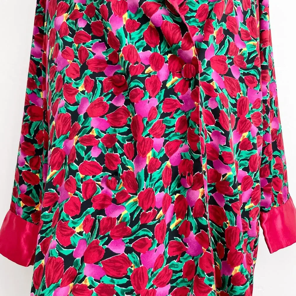 Victoria's Secret Vintage Pink Red Satin Romantic Floral Double-Breasted Robe